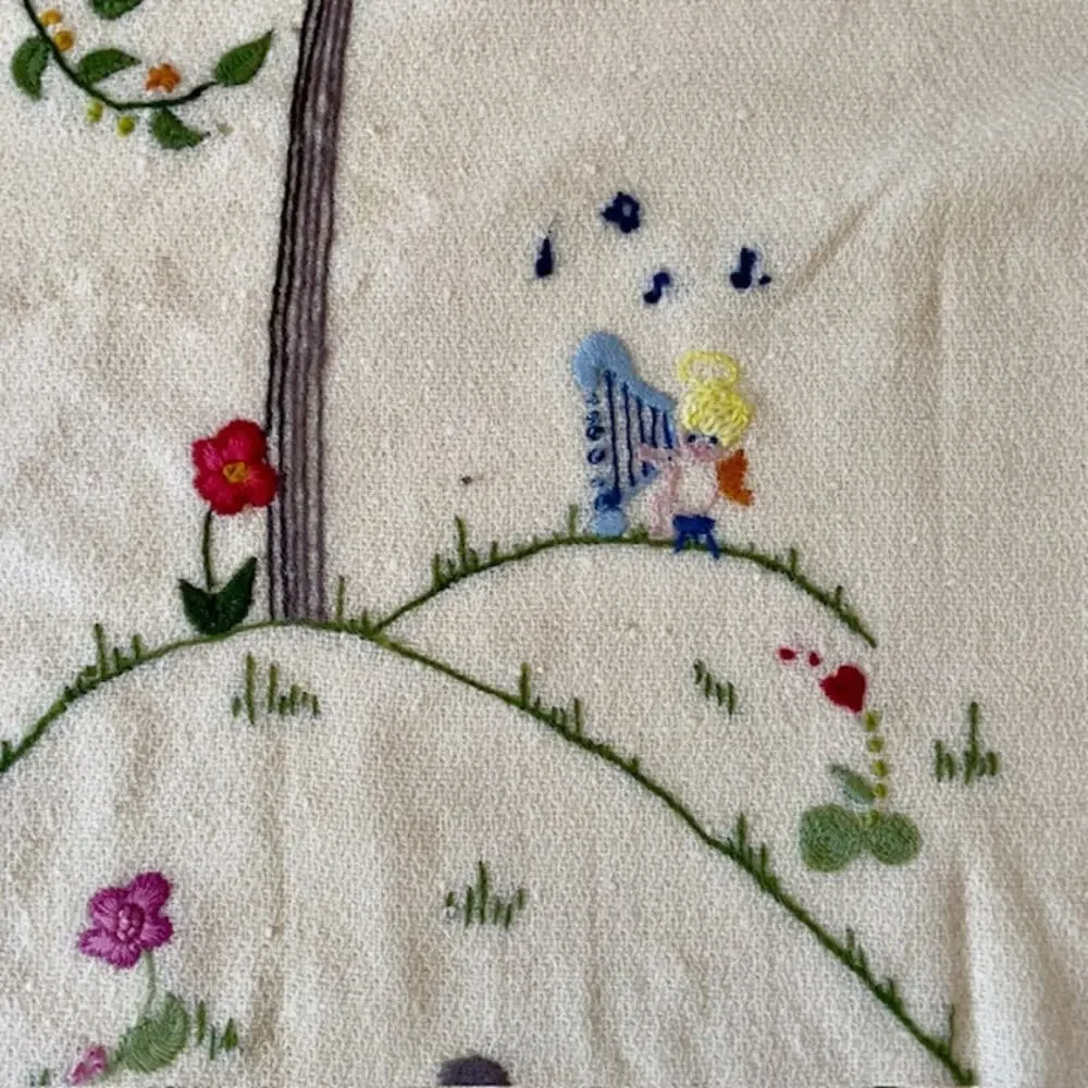 Vintage Embroidered Baby Blanket 33x51 Storybook Nursery Decor Heirloom